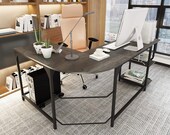 L Shaped Desk with Shelves Round Corner Computer Desk Gaming Table, Secretary Desk, Mid Century Desk, Gaming Desk, Office Desk