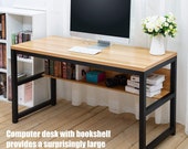55 quot Computer Desk with Bookshelf Metal Desk Grommet Hole Cable Cover (Natural), Secretary Desk, Mid Century Desk, Gaming Desk, Office Desk