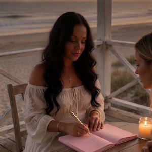 May include: Image features the text "Samantha's Spiritual Advice" in elegant script. A woman in a white dress writes in a pink notebook with a gold pen at a wooden table. A lit candle and the ocean are in the background.