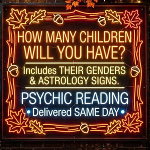 May include: A square neon sign with an orange border featuring maple leaves and acorns. The text reads: HOW MANY CHILDREN WILL YOU HAVE? Includes THEIR GENDERS & ASTROLOGY SIGNS. PSYCHIC READING • Delivered SAME DAY • in yellow and white neon.