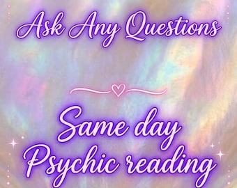 May include: A digital graphic with an iridescent, pearlescent background featuring purple text that reads Ask Any Questions, a small heart icon, and the text Same day Psychic reading. The corners are decorated with small stars and crescent moons.