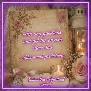 May include: A vintage-style image with a purple neon border. The image features a postcard with floral accents, text that reads "Ask any questions and get the answer same day. Advice and predictions." A candle and lantern are also present.