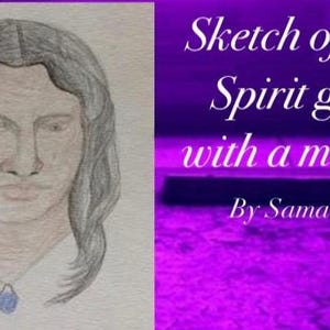 May include: A pencil sketch of a person with long dark hair wearing a blue pendant necklace. The text on the right side reads: Sketch of your Spirit guide with a message By Samantha. The background on the right is a vibrant purple color.