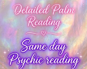May include: A digital graphic with a holographic, iridescent background featuring the text Detailed Palm Reading in pink and Same day Psychic reading in purple, accented by small white stars, moons, and a central heart symbol.