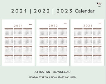 2021, 2022 & 2023 Printable Calendar | Calendars and Planners | Year at a Glance | Yearly Calendar | Minimalist Design | Mocha Brown | A4 |