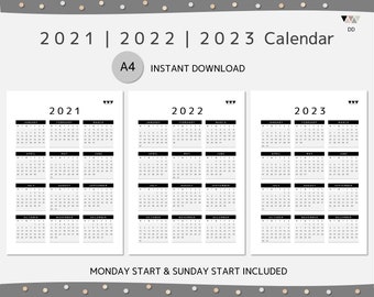 Calendrier imprimable 2021, 2022 et 2023 | Calendriers et planificateurs | L'année en un coup d'œil | Calendrier annuel | Conception minimaliste | Noir | A4 |