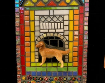 Mixed media mosaic, “Dog House”