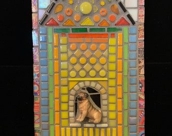 Mixed media mosaic, “Dog House”