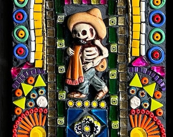 Mixed media mosaic, “Day of the Dead Totem”