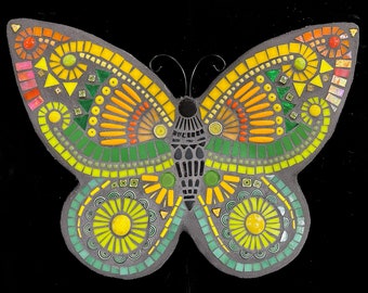 Indoor or Outdoor Mosaic, Mixed media mosaic, “Yellow, Orange and Green Butterfly”