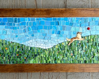 Mixed media mosaic “Fetch!”