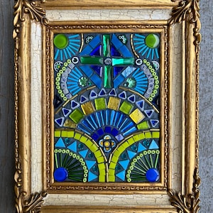 Mixed media mosaic “Doodle in Blue and Green”