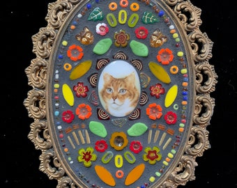 Mixed media mosaic, “Cat Portrait”