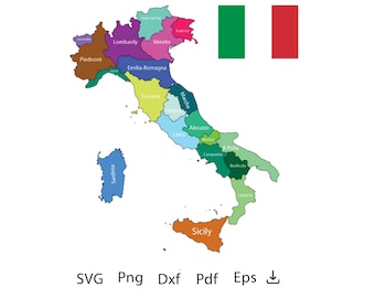 Carte des régions d’Italie SVG, Carte vectorielle de l’Italie Carte en format AI, Pdf, dxf