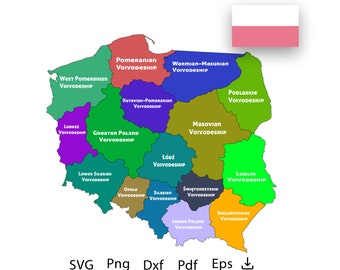 Régions Carte des provinces de la Pologne en SVG, carte vectorielle de la Pologne au format AI, Pdf, dxf