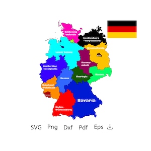 May include: A map of Germany showing the 16 states with their names. The states are colored in different shades of blue, green, orange, red, purple, and yellow. The map is on a white background. The German flag is in the upper right corner of the image.