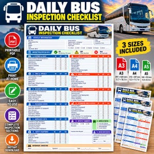 May include: A daily bus inspection checklist document featuring sections for vehicle information, exterior, lights, tires, engine, braking, steering, passenger doors, seats, emergency exits, and safety equipment with checkboxes for status.