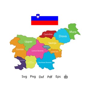 以下が含まれることがあります： スロベニアの12の統計地域に分割されたカラフルな地図。地図には、ムラ、カリンシア、ドラヴァ、アッパー、サヴィンヤ、ゴリツィア、中央スロベニア、ロワー・サヴァ、コスタル・カルスト、インナー・カルニオラ・カルスト、南東スロベニアなど、各地域の名称が記載されています。スロベニアの国旗は、地図の左上隅にあります。