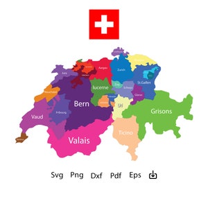 Carte de la Suisse SVG, carte vectorielle de la Suisse Carte au format AI, Pdf, dxf