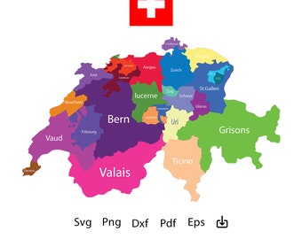 Carte de la Suisse SVG, carte vectorielle de la Suisse Carte au format AI, Pdf, dxf