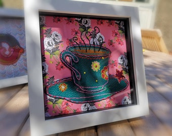 Hand sewn cup of tea collage in box frame