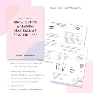 Puede incluir: Una guía rosa y blanca de masterclass titulada "Brow Tinting & Mapping Masterclass" con las palabras "Descarga instantánea". La guía incluye instrucciones paso a paso para teñir cejas y técnicas de tinción con henna.