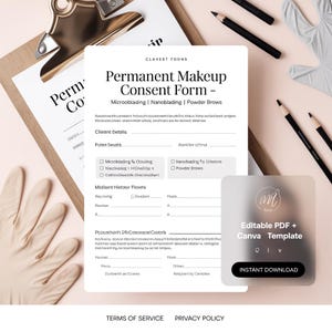 May include: A permanent makeup consent form with the text "Permanent Makeup Consent Form" and options for microblading, nanoblading, and powder brows. The form is on a clipboard with pencils and a template for editing in Canva.