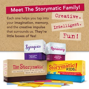 May include: Four colorful boxes with the words "The Storymatic" on them. The boxes are stacked on top of each other and are surrounded by small cards. The text on the boxes reads "The Storymatic Synapsis", "The Storymatic Rememory", "The Storymatic", and "The Storymatic Kids".