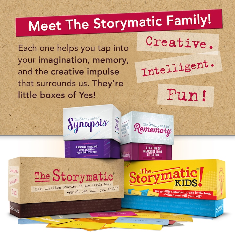 May include: Four colorful boxes with the words "The Storymatic" on them. The boxes are stacked on top of each other and are surrounded by small cards. The text on the boxes reads "The Storymatic Synapsis", "The Storymatic Rememory", "The Storymatic", and "The Storymatic Kids".