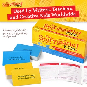 May include: The Storymatic Kids game box is yellow with the game's name in black and white. The box is open to reveal blue and yellow cards with prompts like "secret door" and "the sneeze that changed everything". The game includes a guide with prompts, suggestions, and games.