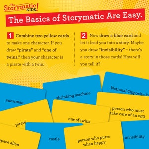 May include: A colorful set of cards for a game called Storymatic Kids. The cards are yellow and blue and feature words like "pirate", "one of twins", "shrinking machine", "person who purrs when happy", and "invisibility". The text on the cards explains how to play the game.