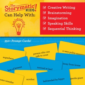 May include: A set of colorful prompt cards for a storytelling game called "The Storymatic Kids". The cards feature words like "superhero", "box of kittens", "person who can talk to cows", "a very polite monster", "noticed at last!" and "befriended by hippo". The game is designed to help kids with creative writing, brainstorming, imagination, speaking skills, and sequential thinking.
