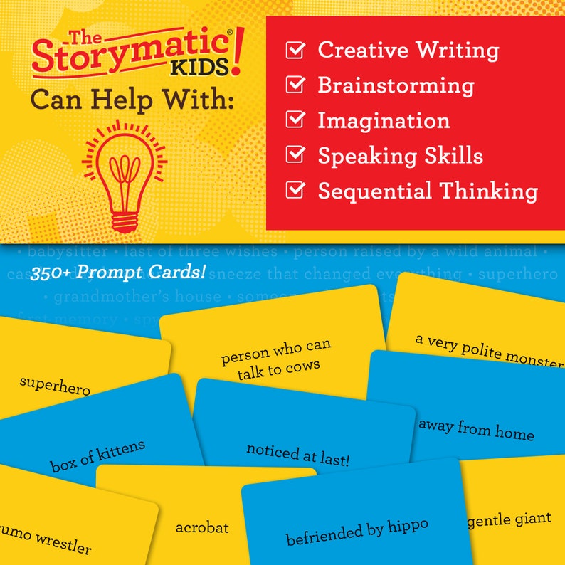 May include: A set of colorful prompt cards for a storytelling game called "The Storymatic Kids". The cards feature words like "superhero", "box of kittens", "person who can talk to cows", "a very polite monster", "noticed at last!" and "befriended by hippo". The game is designed to help kids with creative writing, brainstorming, imagination, speaking skills, and sequential thinking.