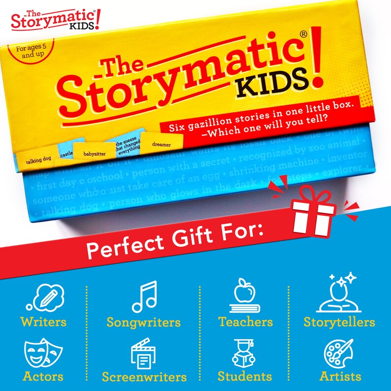 May include: A blue and yellow box with the text "The Storymatic! KIDS" on the front. The box is a game that helps kids create stories. The text on the box says "Six gazillion stories in one little box. -Which one will you tell?" The box also has a list of different types of people who might enjoy the game, including writers, actors, songwriters, teachers, students, storytellers, and artists.