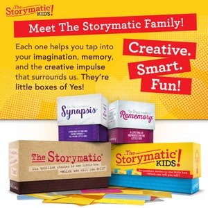 May include: The Storymatic Kids game set features four colorful boxes with the words "Synapsis", "Rememory", "The Storymatic", and "The Storymatic Kids". Each box has a unique design and features a tagline about the game. The boxes are surrounded by a yellow background with white polka dots.
