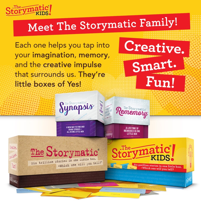 May include: The Storymatic Kids game set features four colorful boxes with the words "Synapsis", "Rememory", "The Storymatic", and "The Storymatic Kids". Each box has a unique design and features a tagline about the game. The boxes are surrounded by a yellow background with white polka dots.