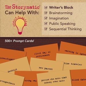 May include: A light brown background with a yellow lightbulb graphic and the text "The Storymatic Can Help With:".  Below the text are five checkboxes with the following text: "Writer's Block", "Brainstorming", "Imagination", "Public Speaking", and "Sequential Thinking".  The bottom of the image shows a stack of orange and brown cards with various text on them, including "first day of retirement", "warning is ignored", "time traveler", "new parent", "person who asks what nobody ever asks", "blind date", "investigate", "dentist", "x-superhero", "wrong way", and "500+ Prompt Cards!"