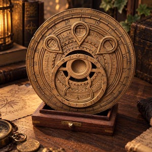Peut inclure: Un astrolabe circulaire de couleur beige avec des gravures complexes représentant des signes du zodiaque, des mois et des chiffres romains. L'objet est monté sur une base en bois rectangulaire et présente des anneaux concentriques détaillés.