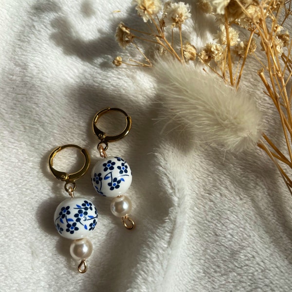 Porcelain Painted Bead & Pearl Earrings on Gold Huggies - FREE SHIPPING