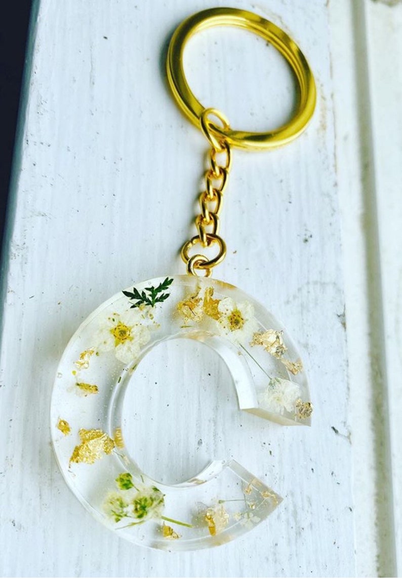Custom Real Flower Resin Initial Keychain Etsy