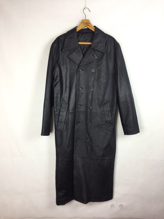 vintage long leather black jacket large 1980s