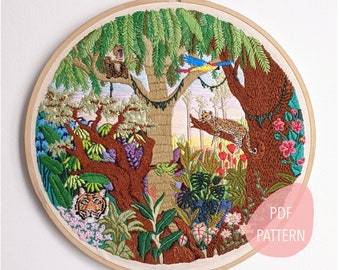 Jungle Embroidery Pattern PDF, Tiger Embroidery, Landscape Embroidery PDF Download, PDF pattern, Plant embroidery, Animal embroidery