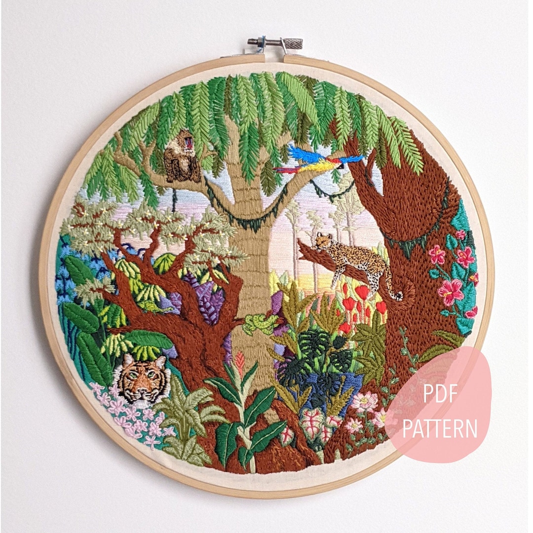 Jungle Embroidery Pattern PDF, Tiger Embroidery, Landscape Embroidery