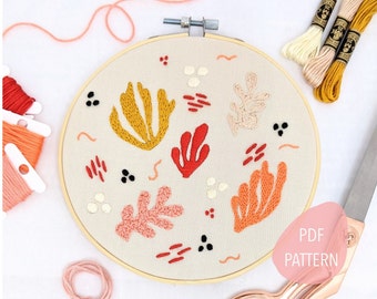 Matisse inspired Beginners Embroidery Pattern PDF, Embroidery sampler, Coral embroidery PDF Download for Beginners, Abstract embroidery