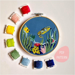 Sea Turtle & Coral Reef Fish Embroidery Pattern PDF for Download.