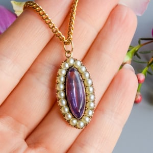 Antique Victorian marquise cut amethyst pearl halo pendant 9 carat gold