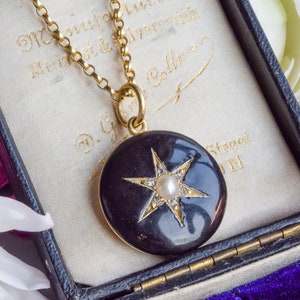 Antique Victorian mourning locket enamel diamond pearl pendant high carat gold