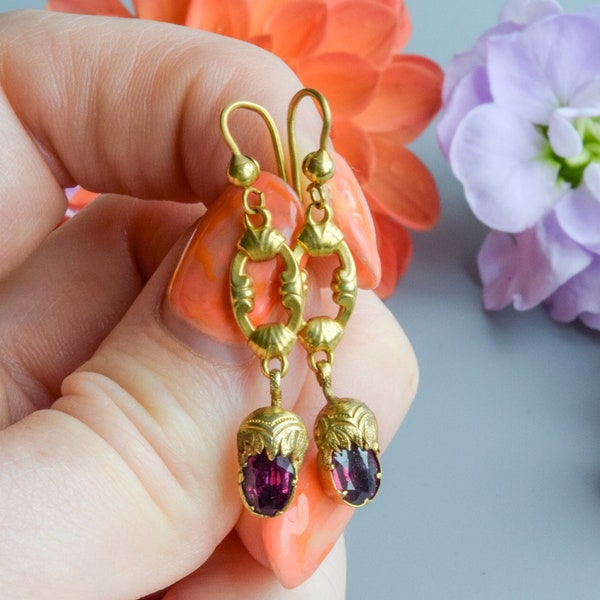 Victorian acorn almandine garnet drop earrings 15 carat gold