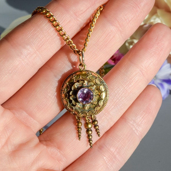 Antique Victorian amethyst cannetille fringe pendant 9 carat gold