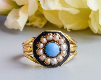 Antique Georgian Turquoise pearl and enamel mourning ring 1803